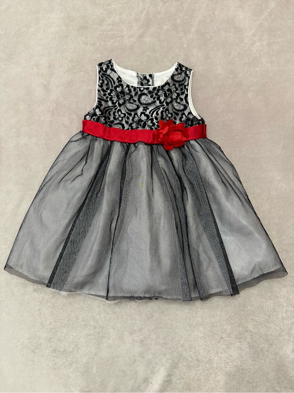 Youngland Toddler Girl Party Dress Black Metallic Lace Shimmer Tulle Red Sash 2T
